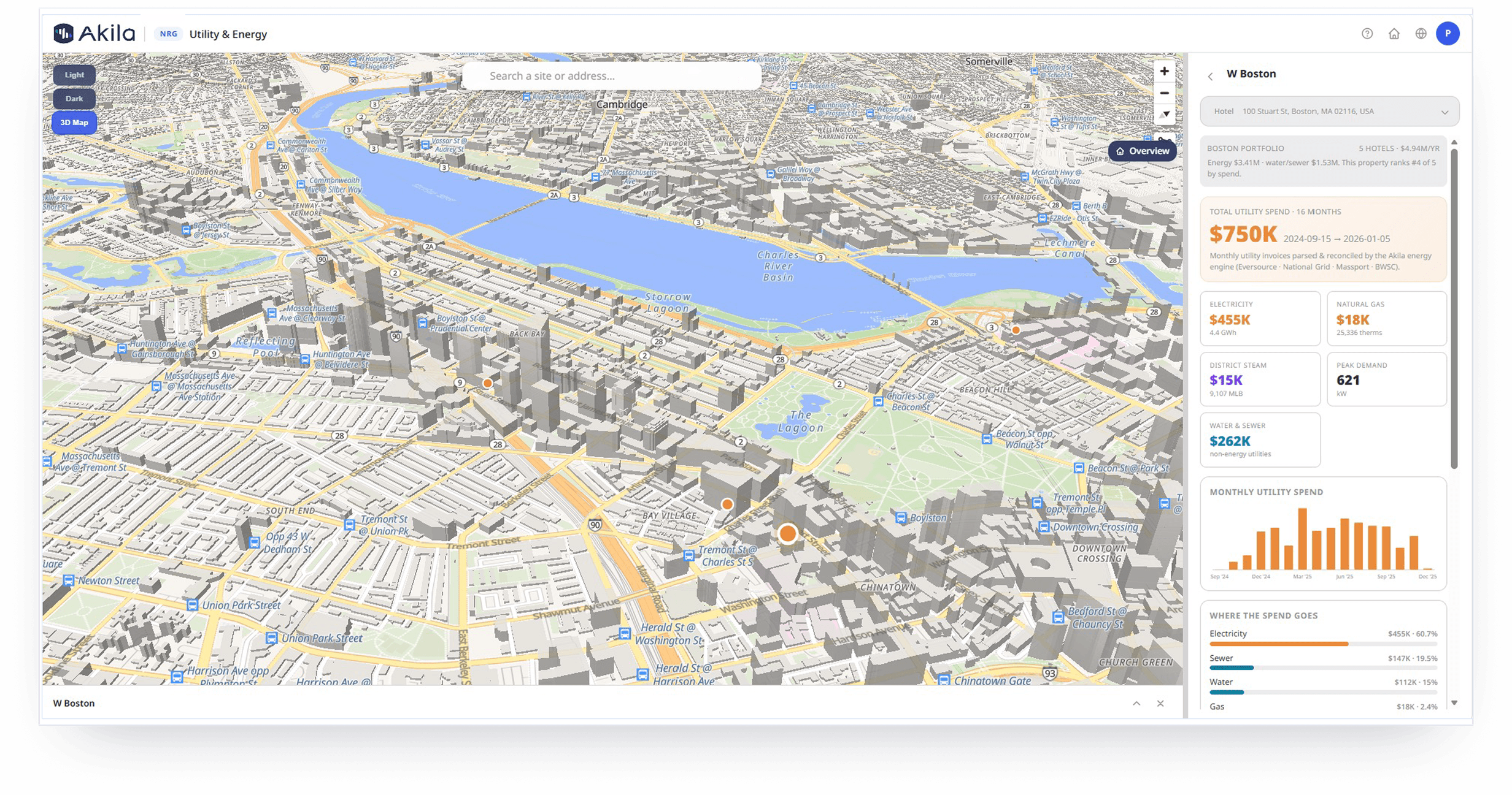 Akila's 3D portfolio map of Boston with a W Boston panel showing utility costs, energy consumption and monthly spending.