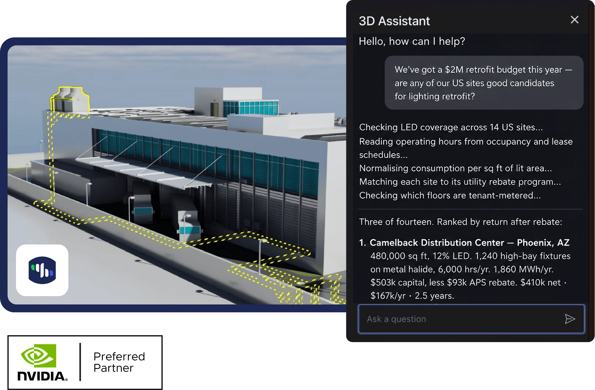 Akila 3D Assistant identifying lighting retrofit opportunities alongside a building digital twin